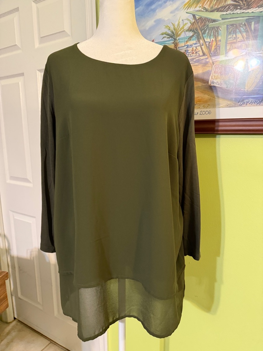 Olive Green Long Sleeve Chiffon Hem Top